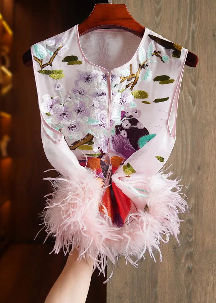 Embroidered Feather Silk Waistcoat Sleeveless