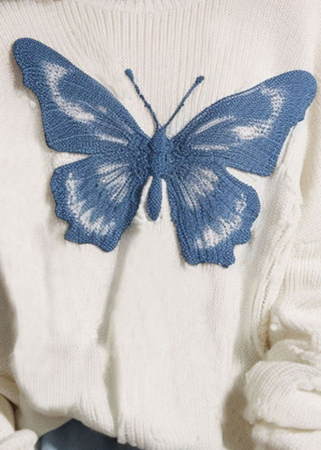 New White O Neck Butterfly Cozy Knit Sweater Fall Qs025