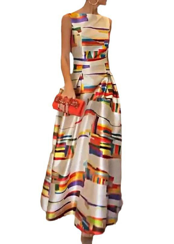 New White Print High Waist Silk Long Dress Sleeveless Ww1040