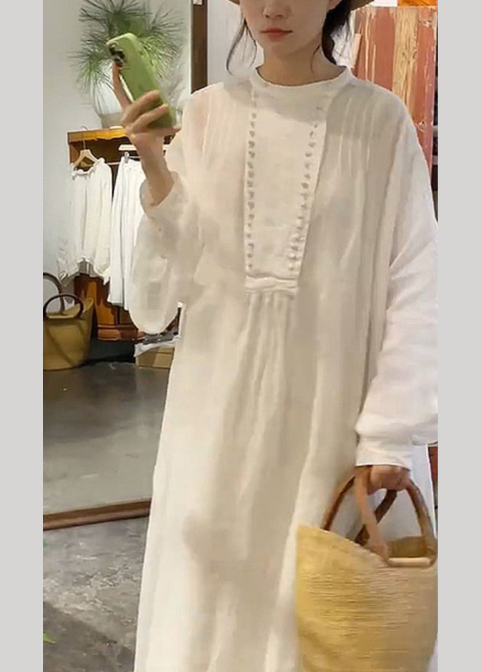 New White O-neck Cotton Long Dress Spring As1003