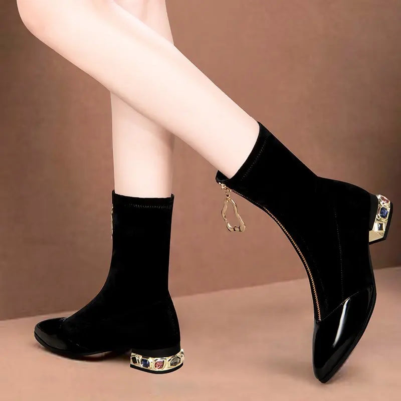 New Crystal Pointy Rhinestone Black Ankle Boot