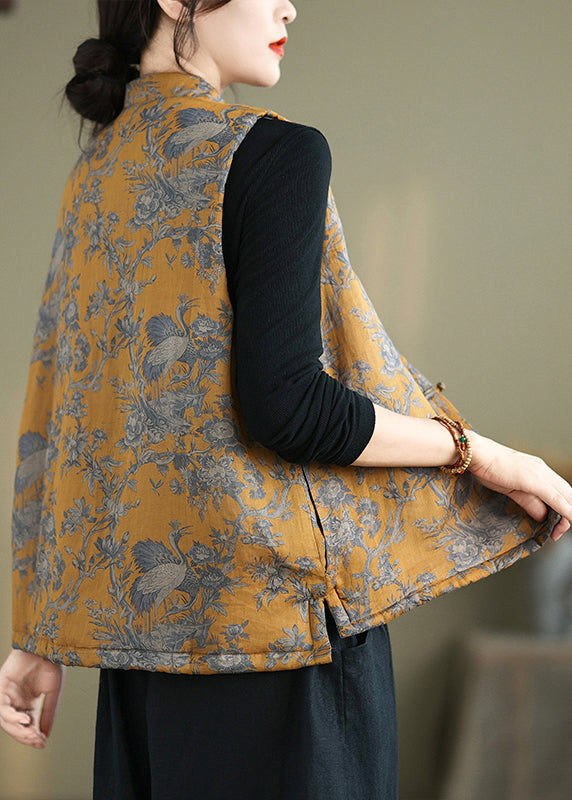 New Yellow Print Chinese Button Cotton Filled Waistcoat Winter Qg046
