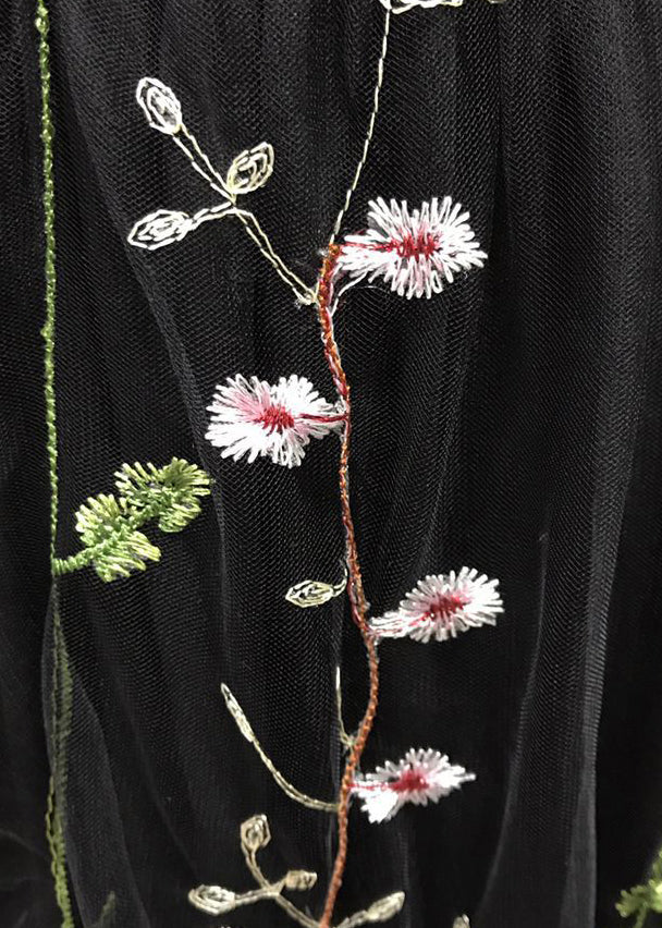 Novelty Black Embroidered Backless Tulle Maxi Dresses Sleeveless Tl027