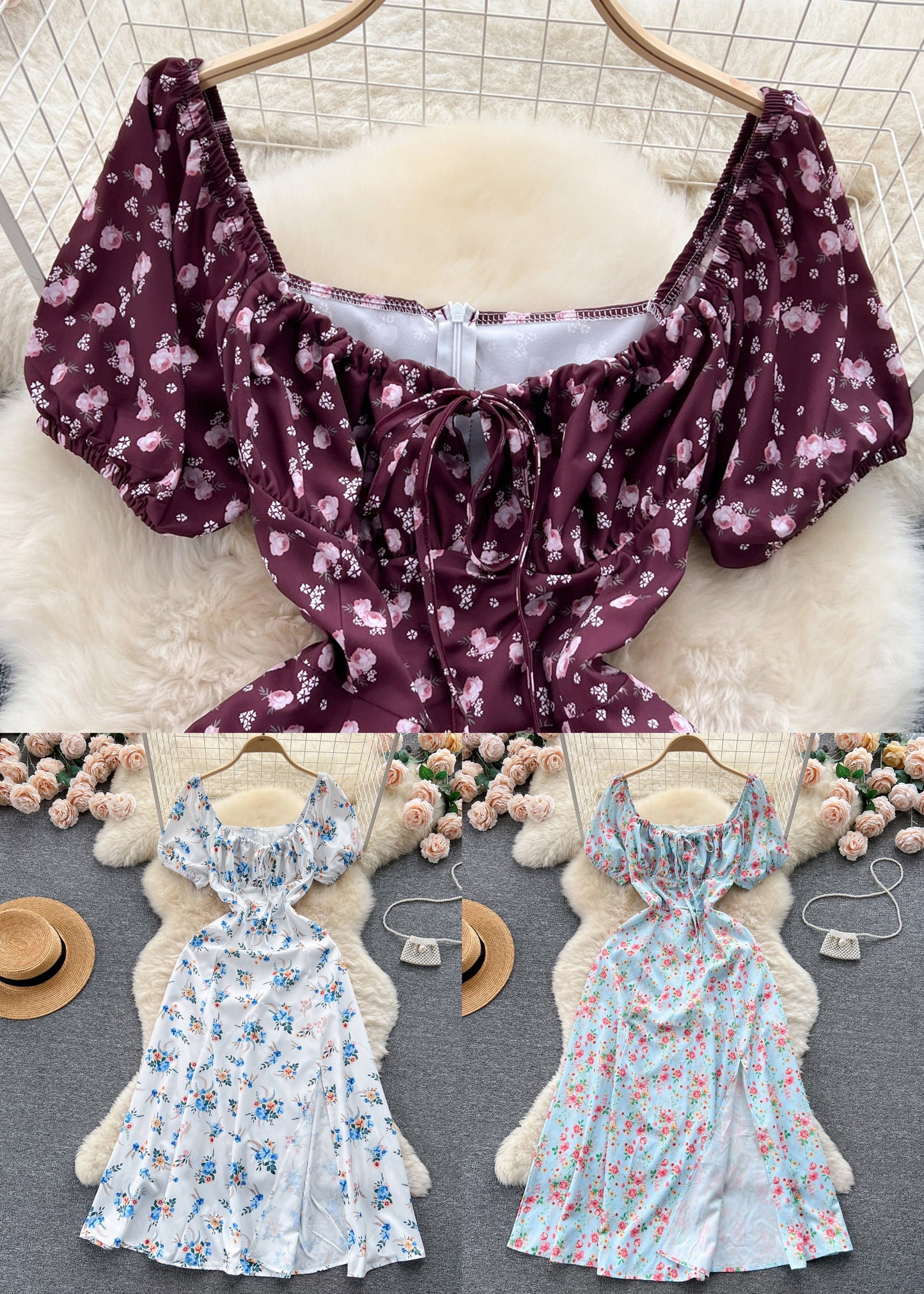 Novelty Blue Square Collar Front Side Open Cotton Long Dress Summer Tr028