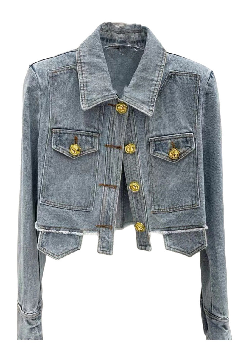 Novelty Denim Blue Peter Pan Collar Patchwork Button Coats Long Sleeve Ty1074