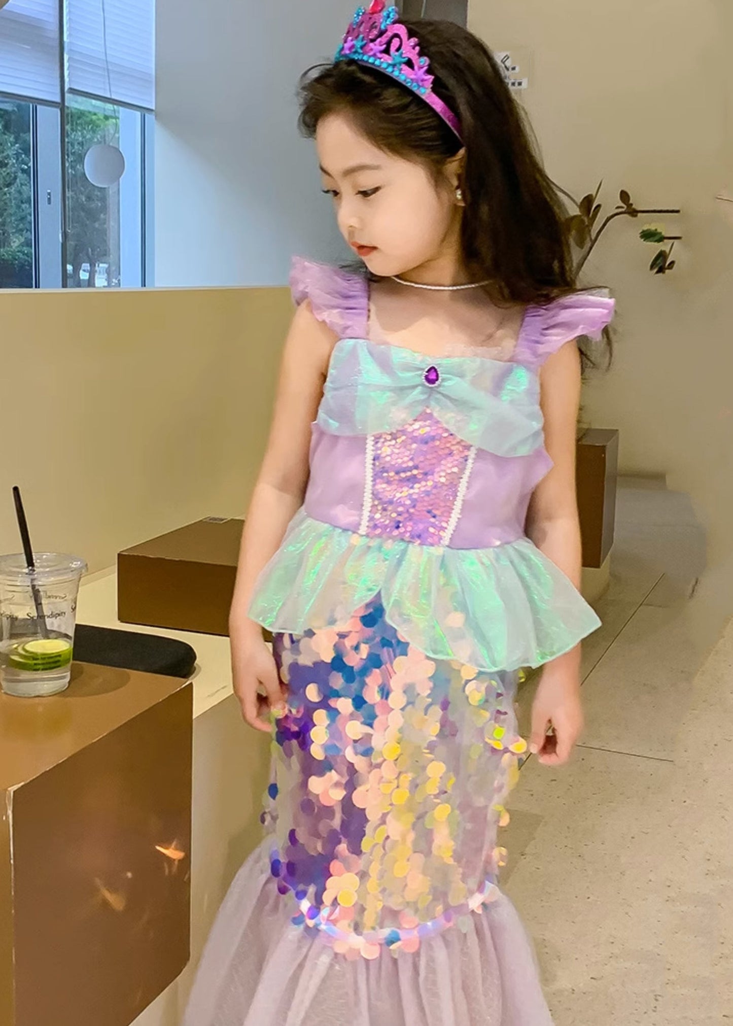 Novelty Purple Square Collar Sequins Tulle Kids Mermaid Maxi Dress Short Sleeve Ye011