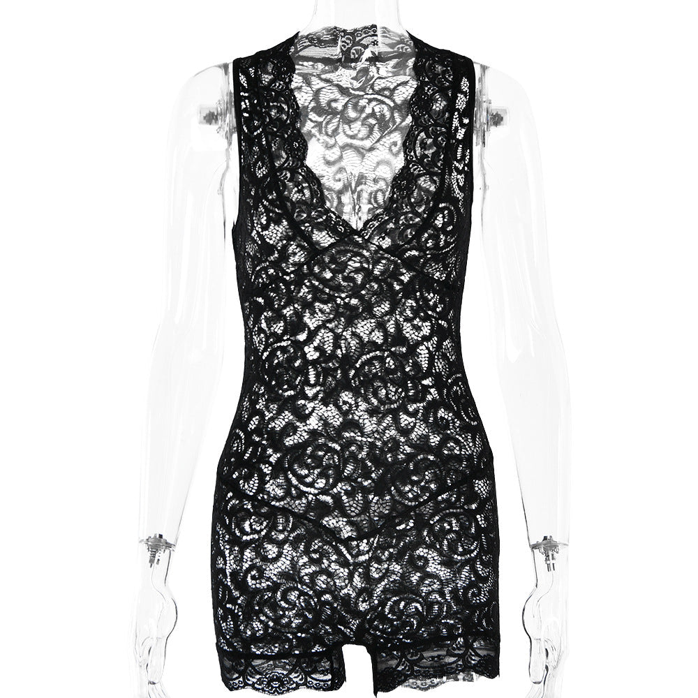 Lace See Through V Neck Jumpsuit Bottoming Shirt Spring