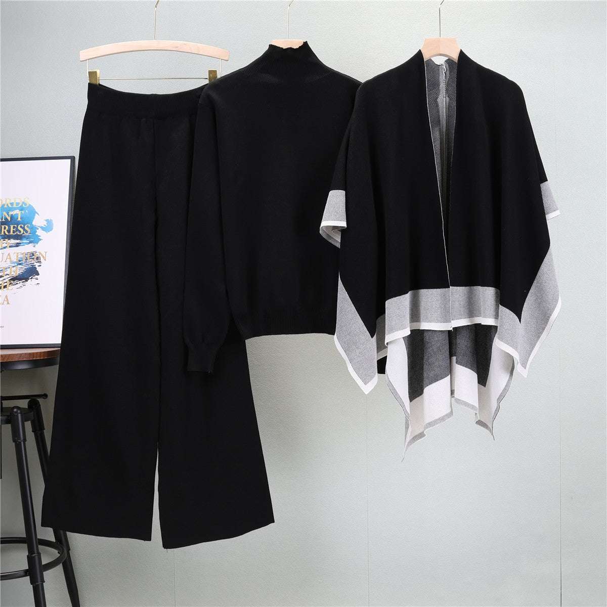 Black – Loose Knit Sweater Three Piece Set