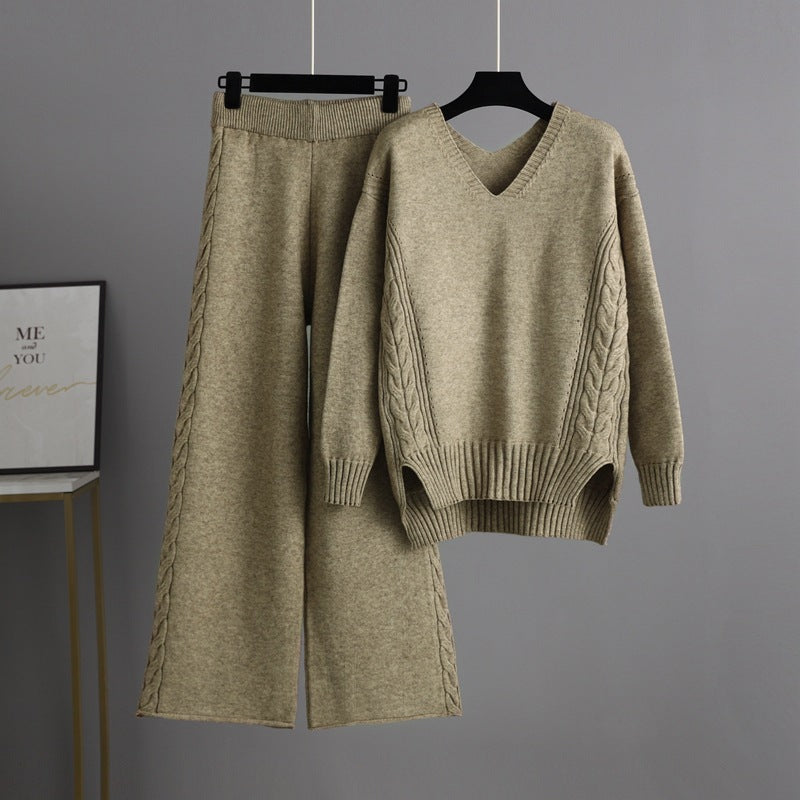 Knitted Wide Leg Pants Sweater Suit for Autumn Korean Loose Thick Twet