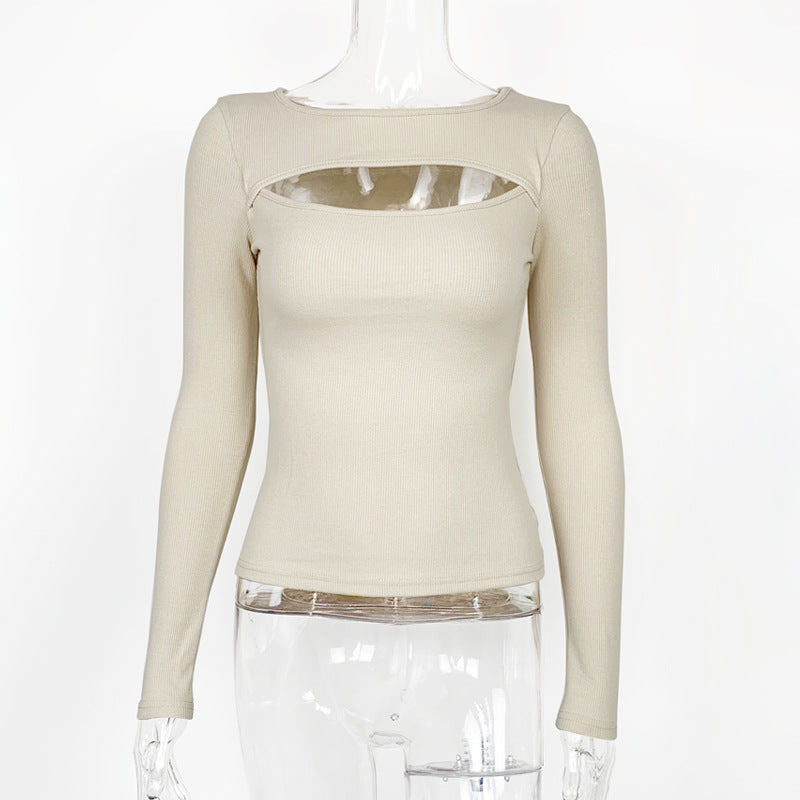 Clothing Autumn Winter Chest Hollow-out Long-sleeved Top Stretch Rib T-shirt for