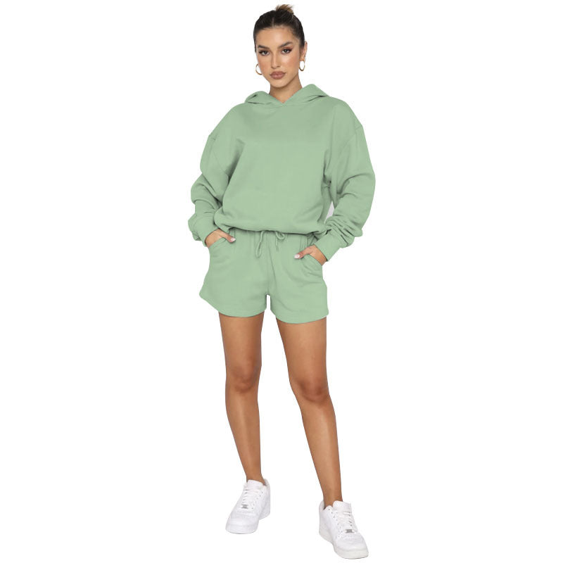 Autumn Winter Color Pullover Hooded Long Sleeves Sweaters Clothing Shorts Suit