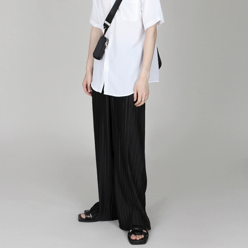 Ice Silk Pleated Wide-leg Pants With Draped Floor-length Design