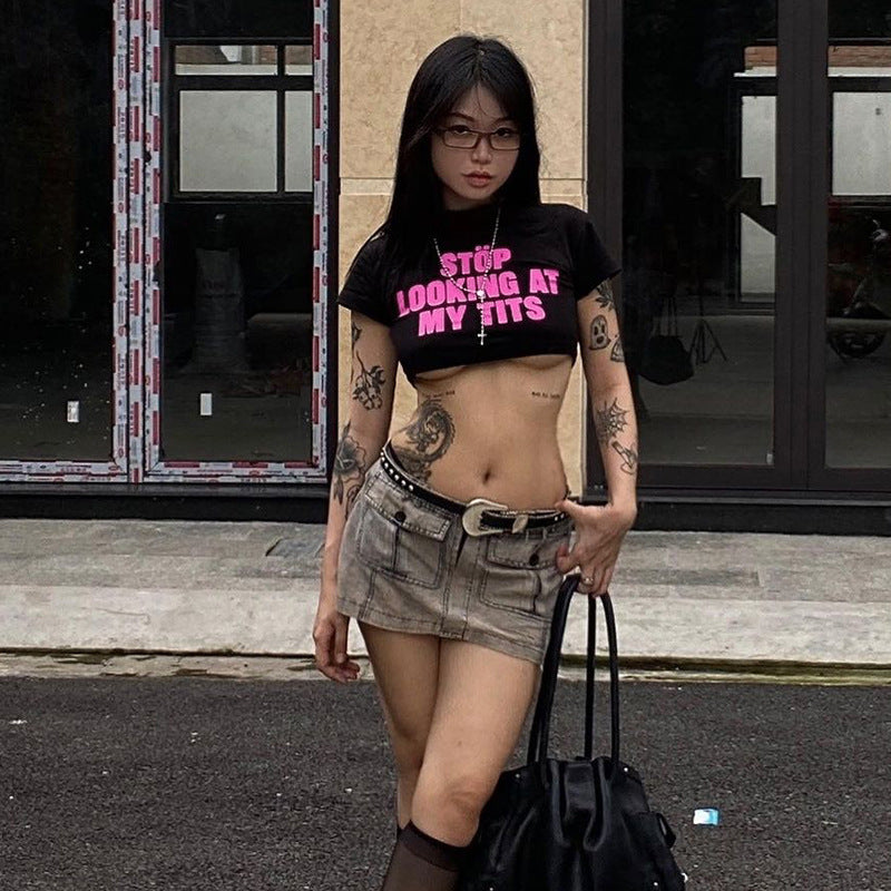 Autumn Cropped T Shirt Slim Fit All Match Letters Printed Minicoat Clothing