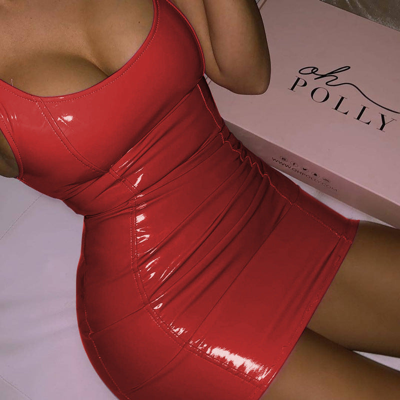 Metallic Coated Fabric Faux Leather Color Sling Dress Tight Leather Sleeveless Leather Hip