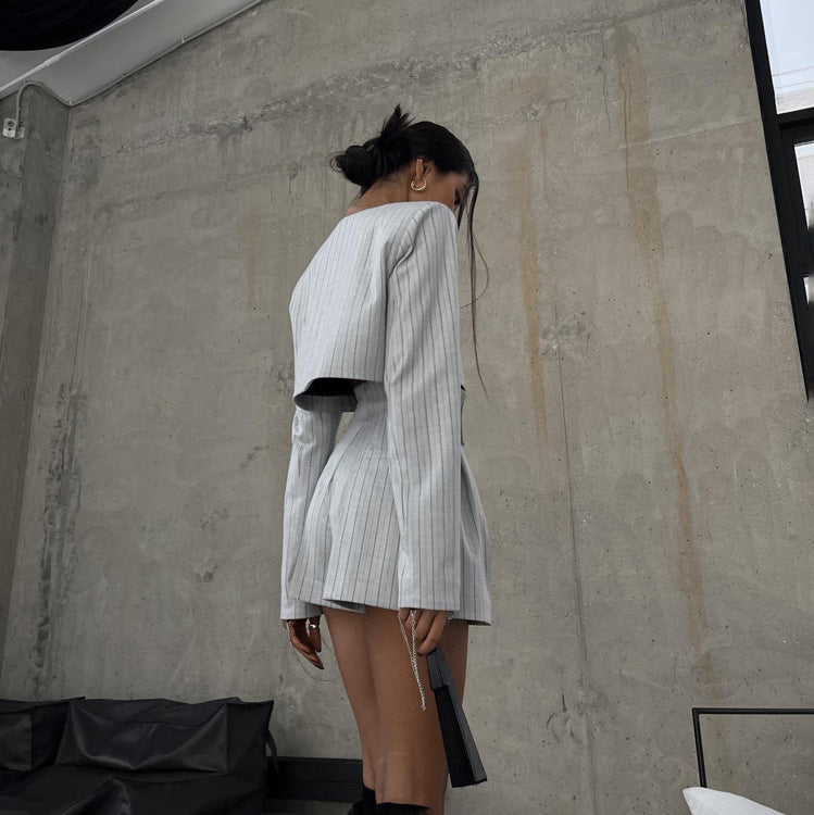 Spring Clothing Chinese Niche Design Long Sleeve Deep V Plunge Jacket High Waist Shorts Striped Set