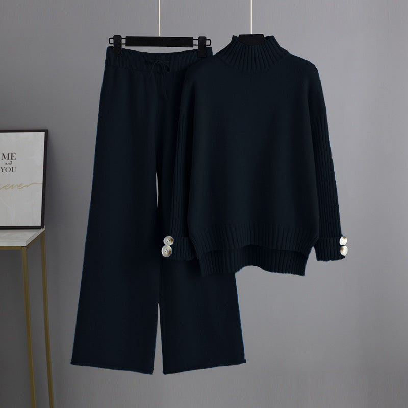 Autumn Winter Knitting Suit Semi-high Collar Sweater Thickened Outer Wear Loose Two Piece Set