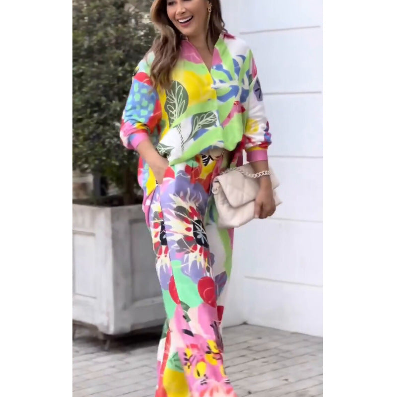 Office Long Sleeve Loose Shirt High Waist Wide Leg Pants Set Amplified Craft