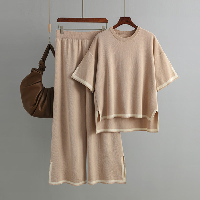 Outfit Contrast Color Split Short Sleeve Sweater High Waist Slimming Wide Leg Pants Trousers Two Piece Set