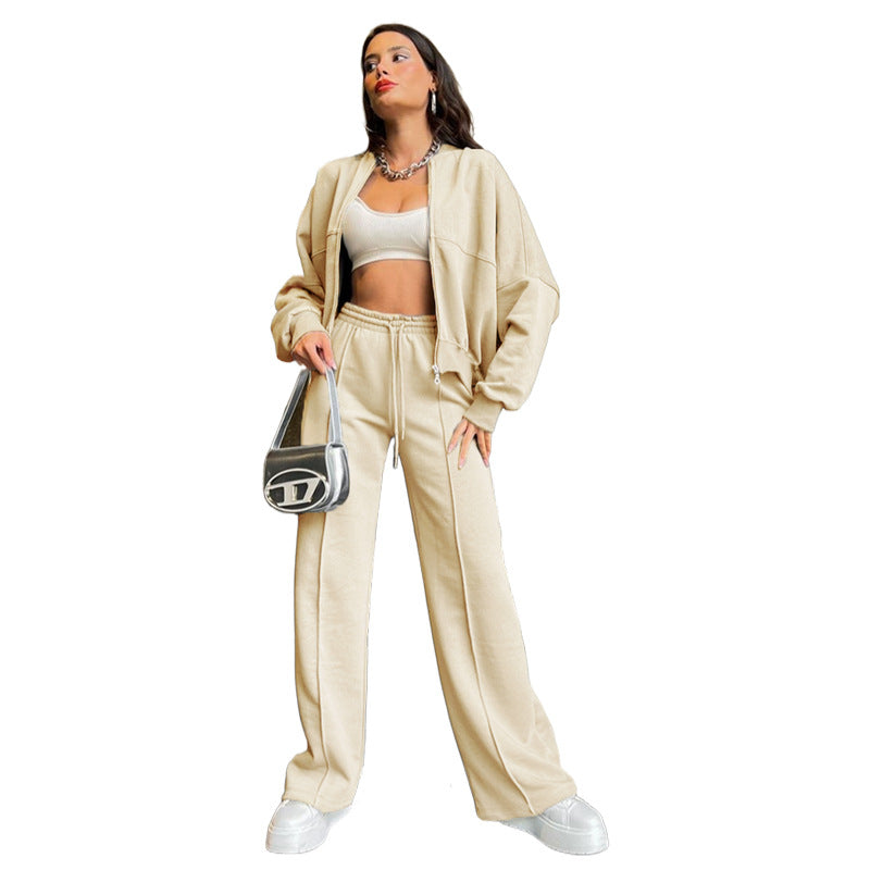Autumn Winter Color Zipper Cardigan Sweater Straight Pants Set