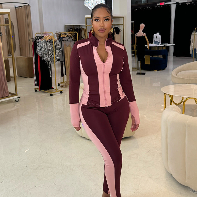 Clothing Autumn Winter Contrast Color Stitching Finger Fit Design Zipper Collared Cardigan Tight High Waist Suit