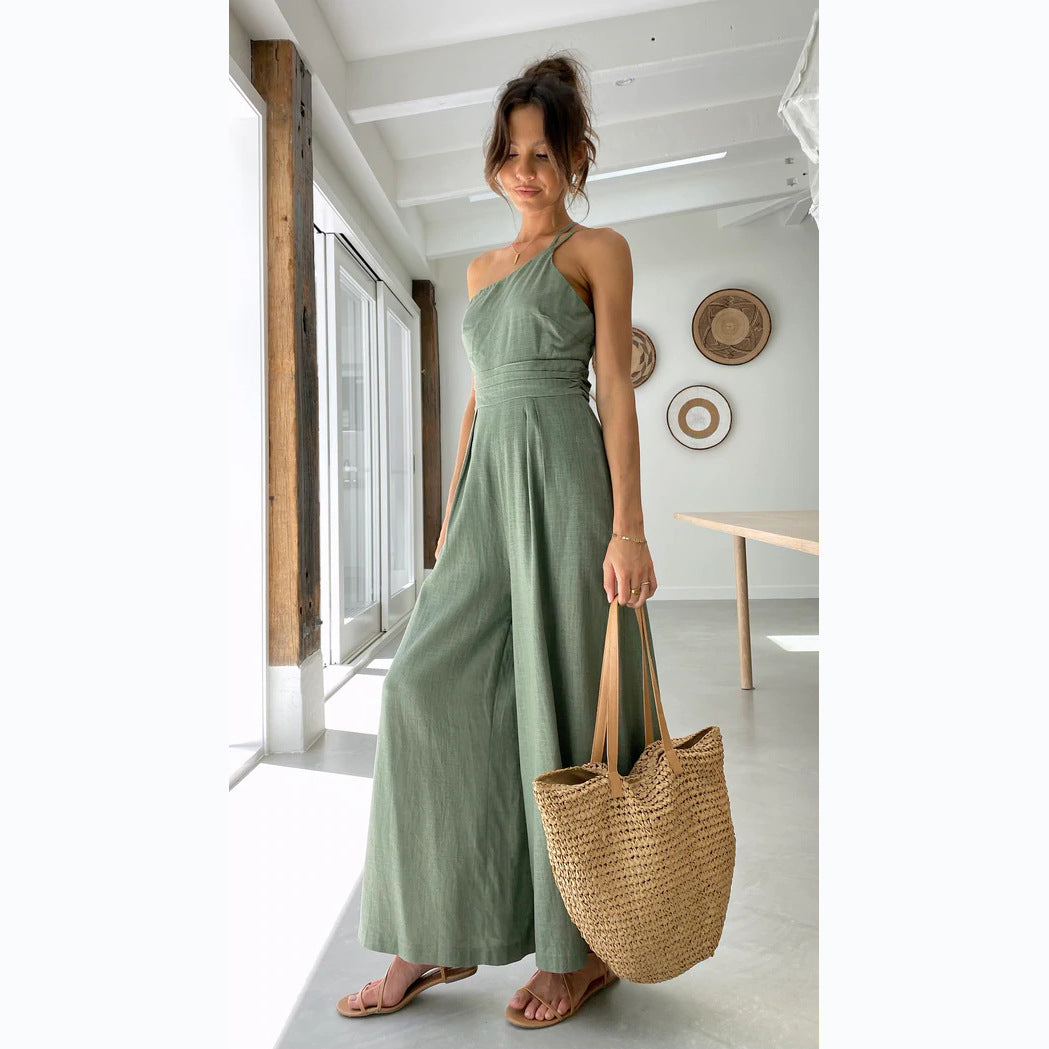Spring Summer Color Loose Wide-leg Cotton Linen Jumpsuit
