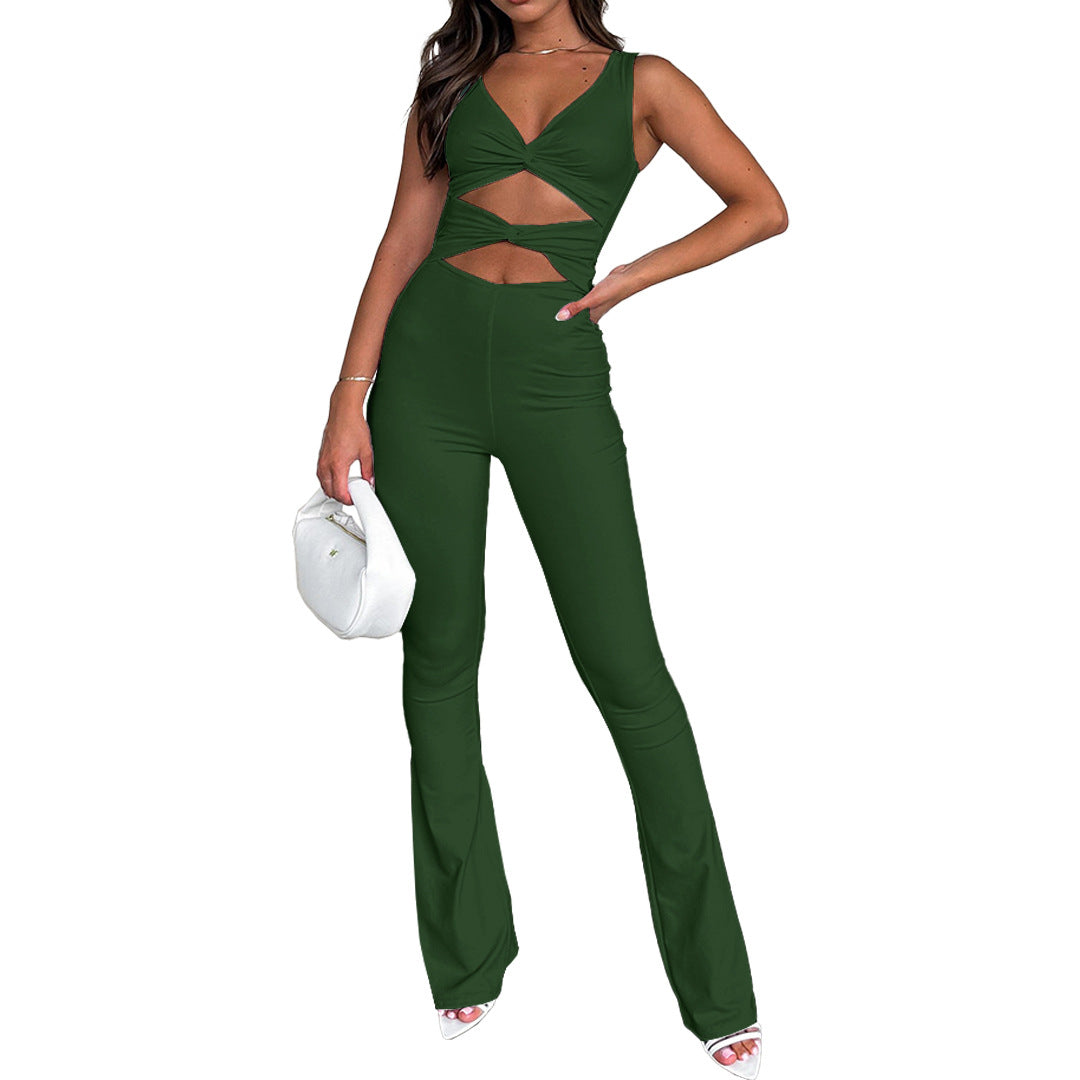 Clothing Color Slimming Hollow Out Cutout Twist One Piece Bell Bottom Pants Jumpsuits
