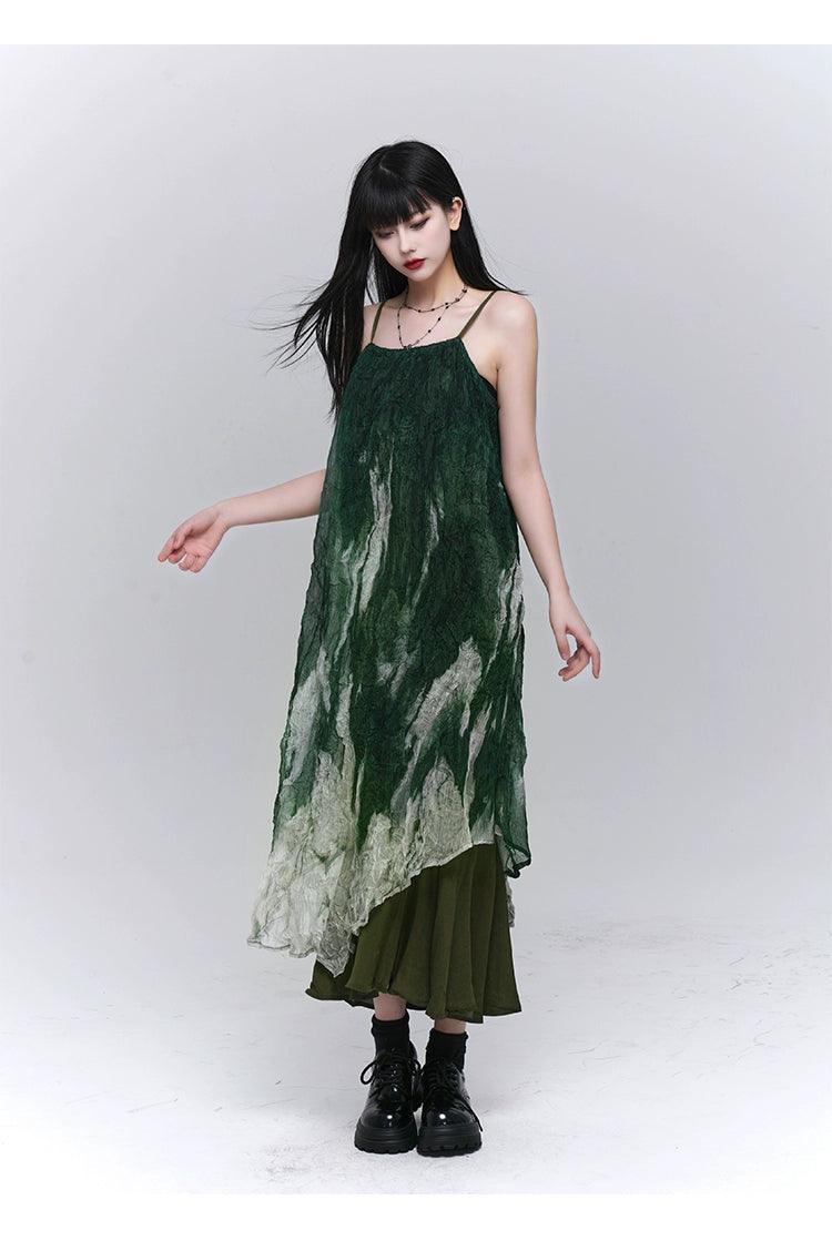 Ladyghost Forest Sprite Layered Maxi Dress - Green Ombre Tie-dye Slip Dress With Asymmetrical Hem