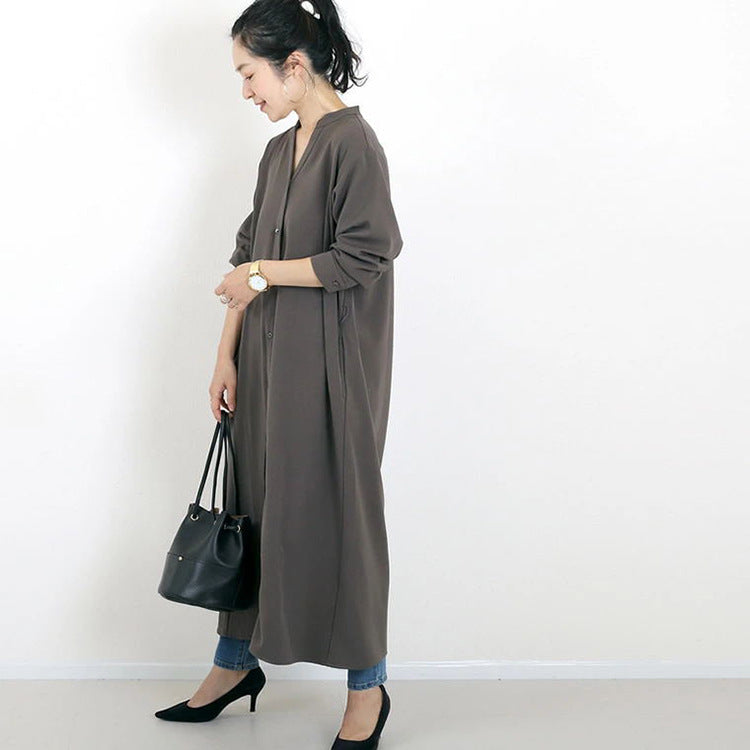 Autumn Winter Shirt Base Dress Color Loose V Neck Maxi Dress