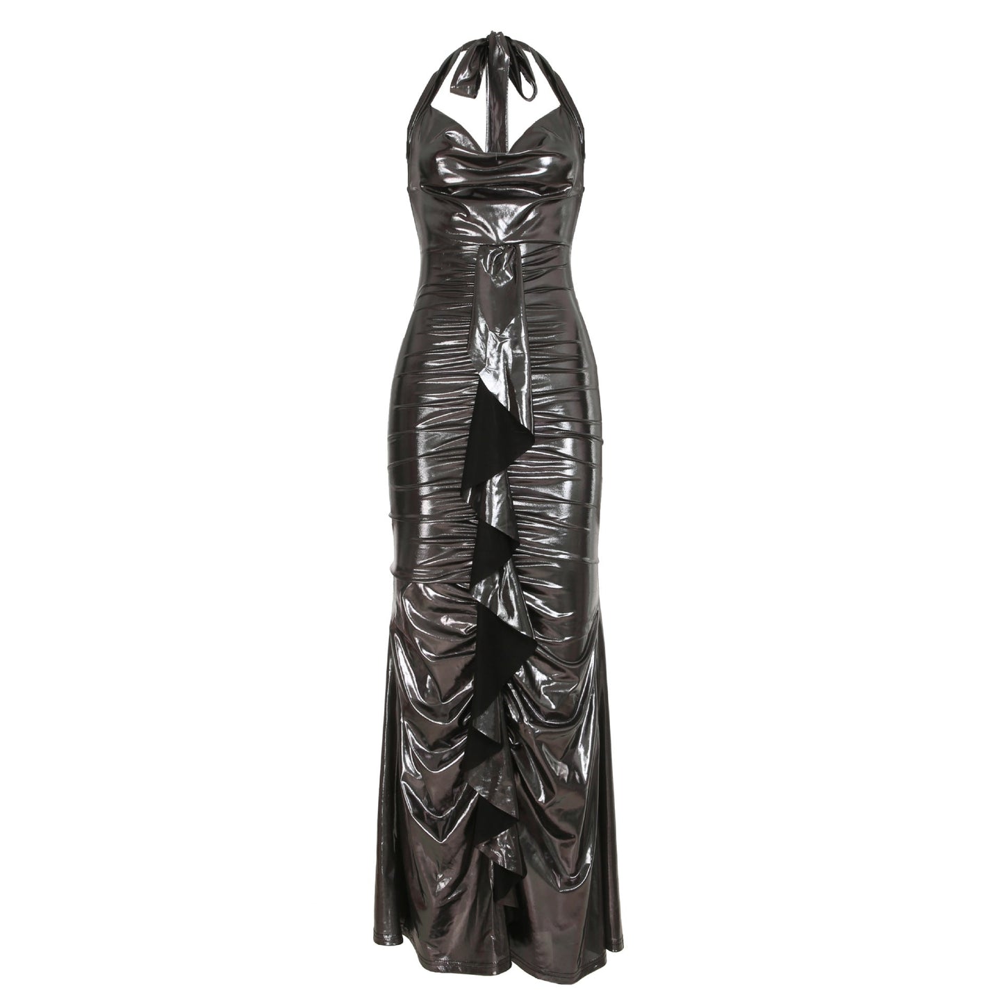 Dress Glossy Coating Backless Lace Up Swing Collar Slim Fit Sheath Mop Dress