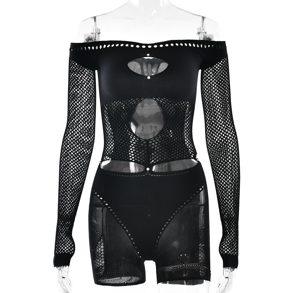 Tights Slim Hollow Out Cutout Off Shoulder Long Sleeve Jumpsuit