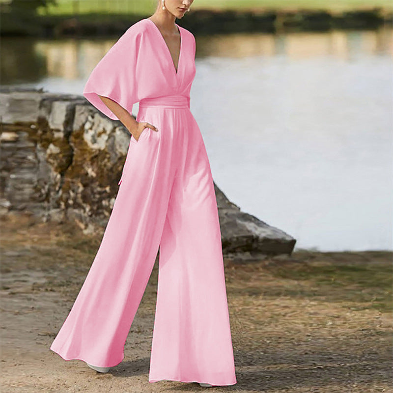 Winter Dress Jumpsuit Deep V Plunge High Waist Wide Leg Trousers