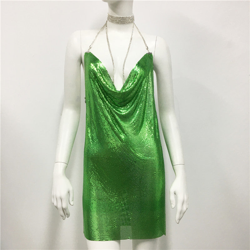 Metallic Coated Fabric Clothing Metal Sequ Dress Sweet Spicy Dress Rhinestone Cami Dress