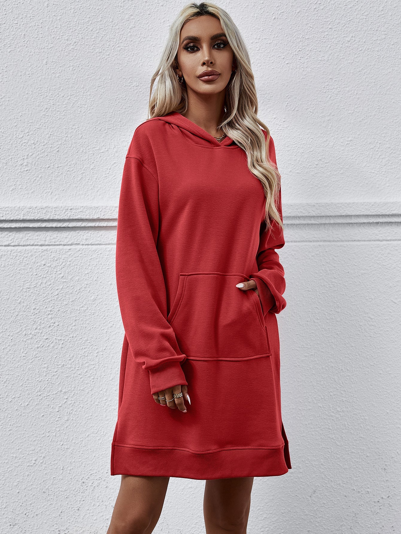 Autumn Winter Clothing Hooded Long Sleeve Kangaroo Pocket Split Long Sweater Dress