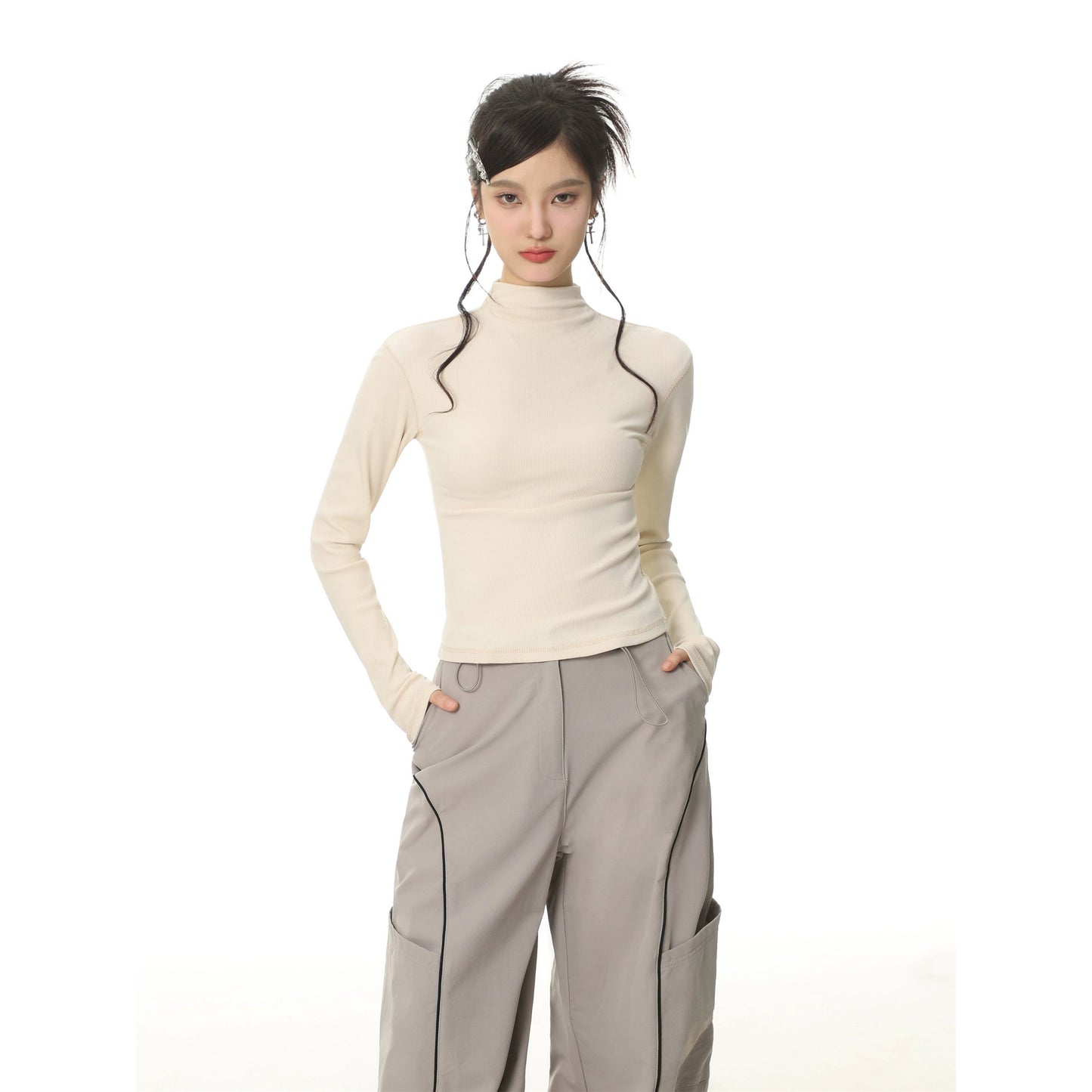 American Style Brushed Mock Neck Long Sleeve T-shirt
