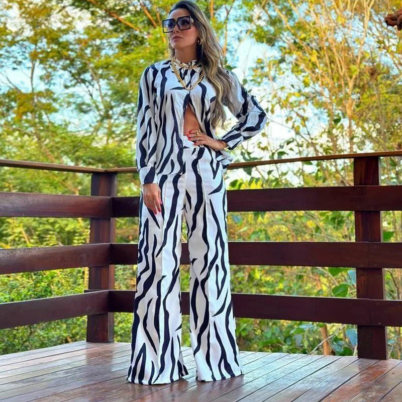 Suit Printed Shirt Spring Autumn Wide Leg Pants Two Piece Suit