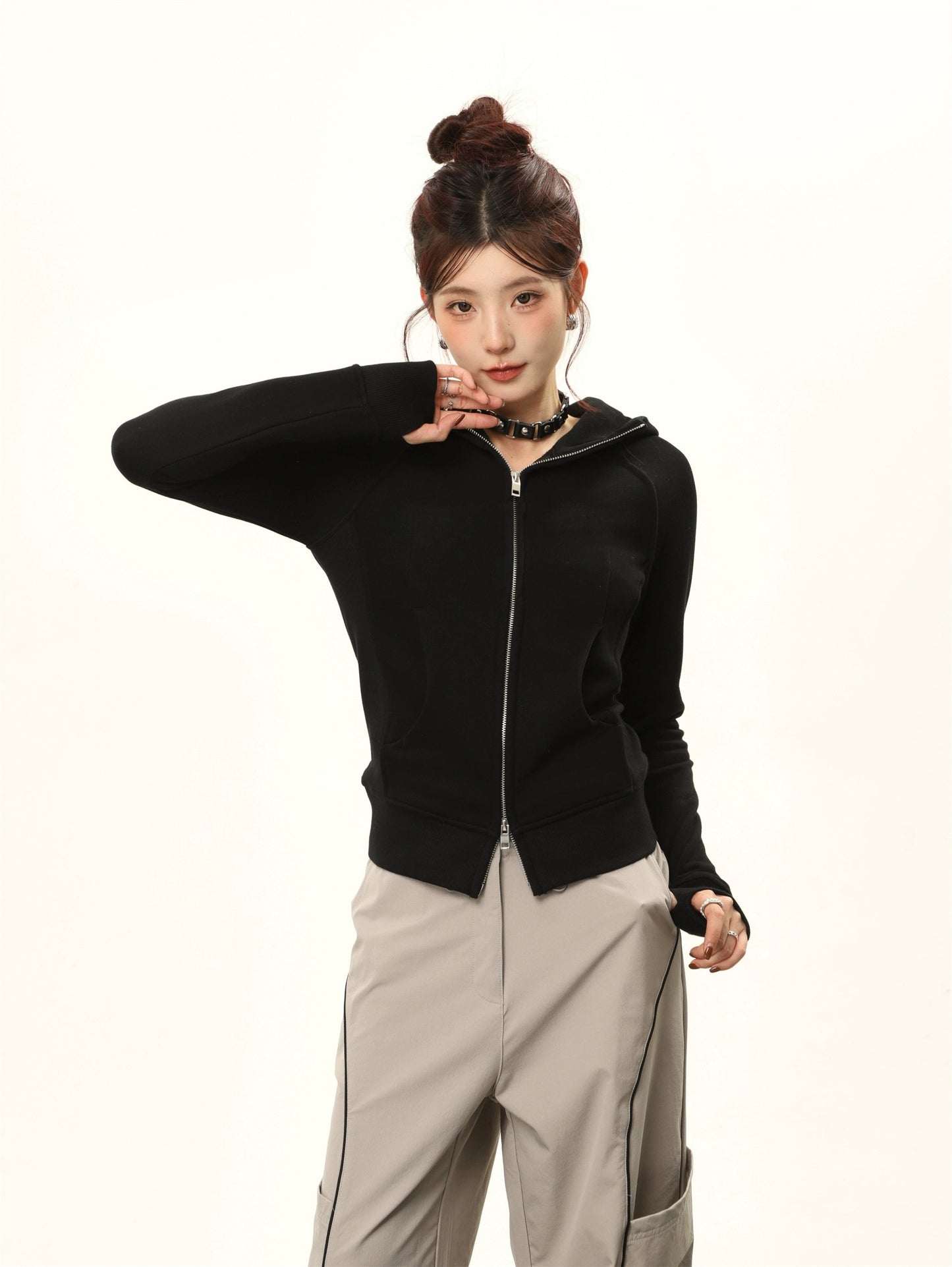 Hooded Double-zipper Cardigan Sweatshirt