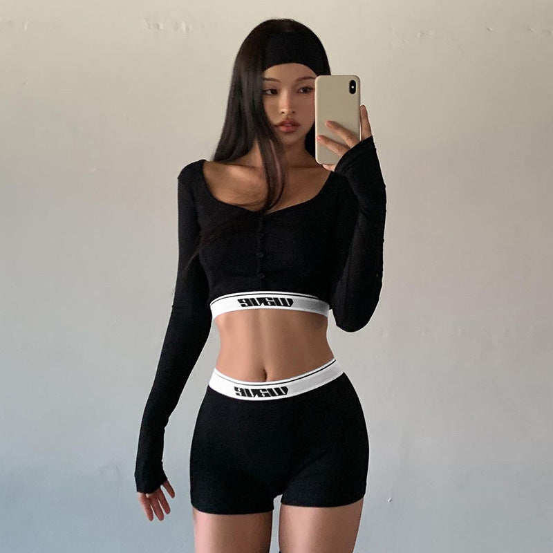 Clothing Tight Long Sleeves Cropped Shirt Top High Waist Shorts Sports Two Piece Seit