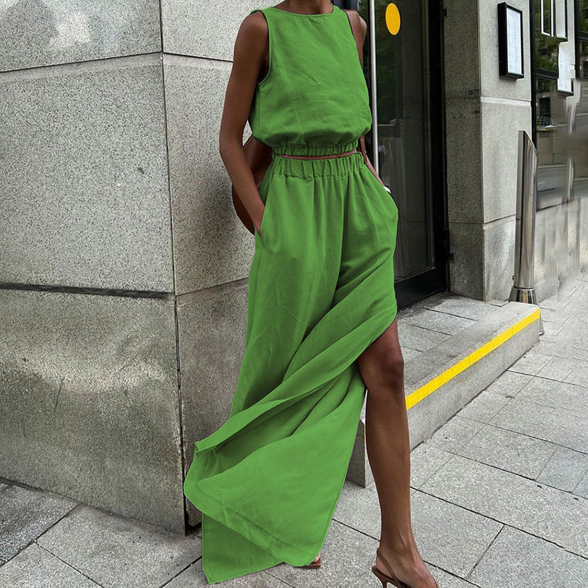 Cotton Linen Sleeveless Vest Split Wide Leg Pants Suit Spring Summer Two Piece Suit