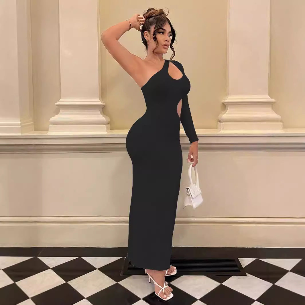 One Shoulder Diagonal Collar Long Sleeve Dress Fall Clothing Cutout Maxi Dress