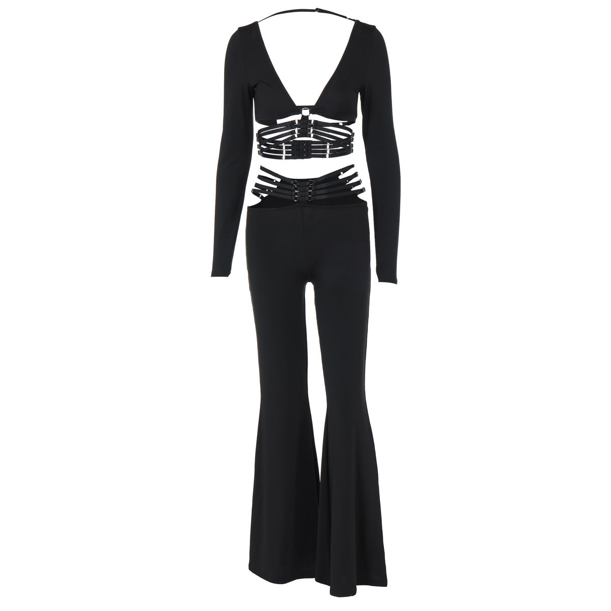 Clothing Autumn V Neck Long Sleeve Top Slim Fit Lace Up Wide Leg Pants Set