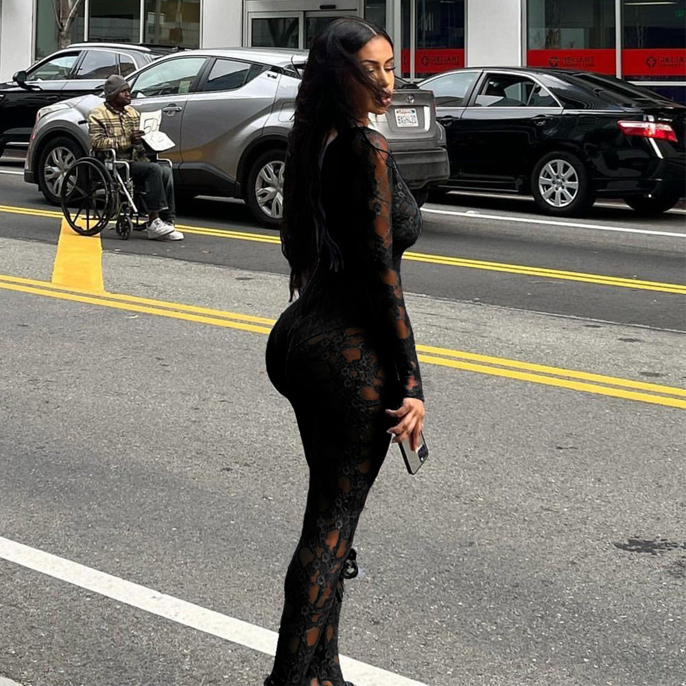 Summer Clothing U Neck Long-sleeved Lace Stretch Jumpsuit