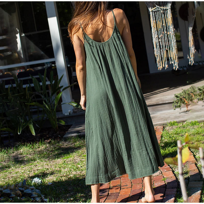 Cotton Cami Dress Summer Vacation Maxi Dress Loose Color Backless Double Layer Gauze Sleeveless Dress