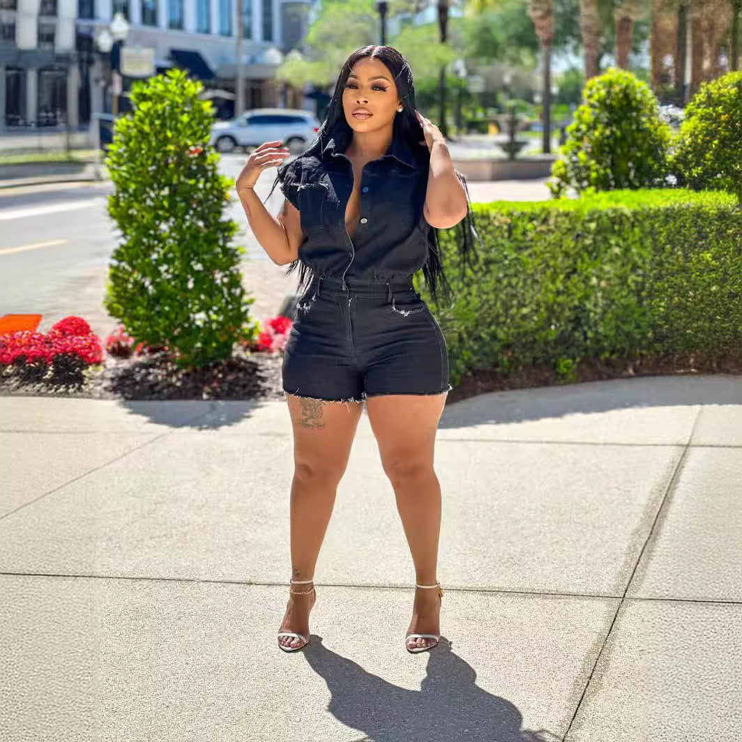 Clothing Short Sleeve Stretch Denim Romper Summer Jumpsuit