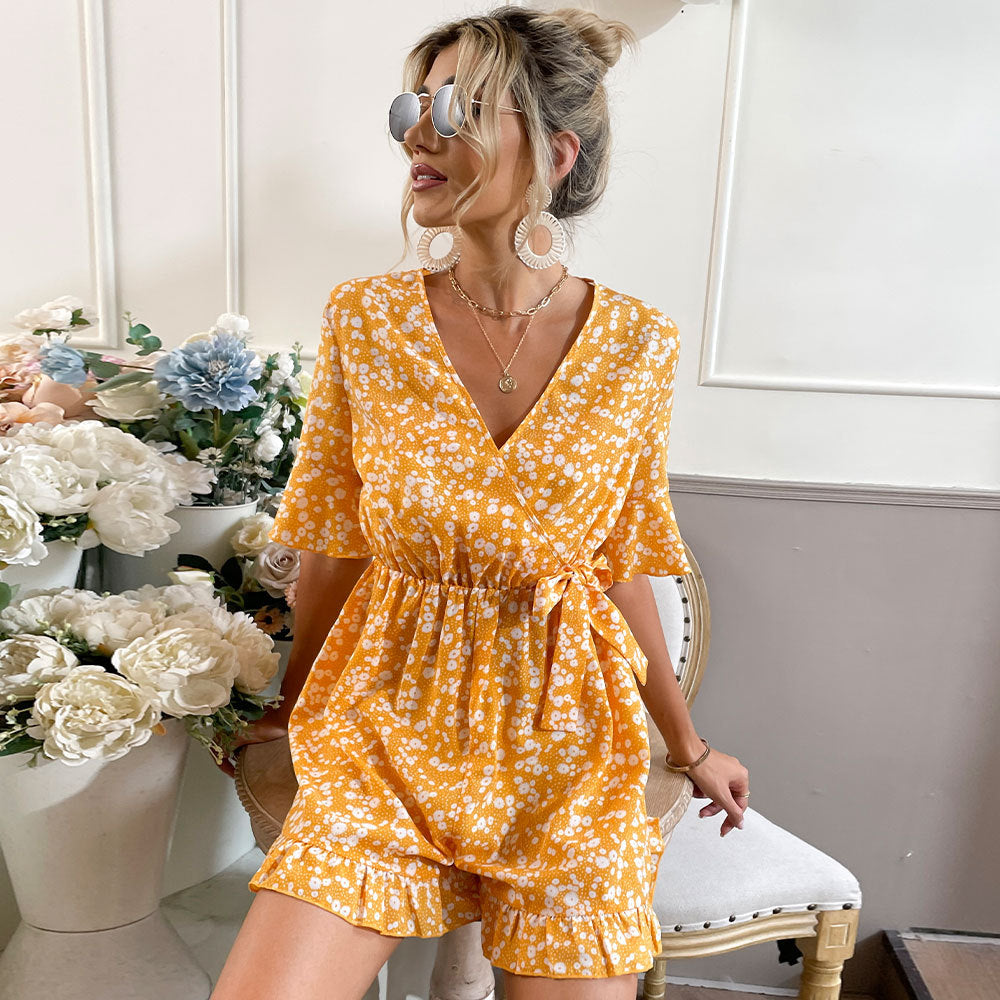Summer Clothing Bell Sleeve V Neck Lace Up Printed One Piece Romper