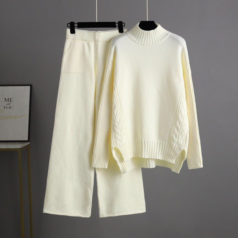 Autumn Winter Fashionable Stylish Sweater Suit Drape Knit Wide Leg Pants Two Piece Set