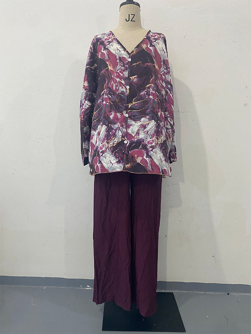 Spring Hand Painted Printed Shirt Top Wide Leg Pants Two Piece Clothing
