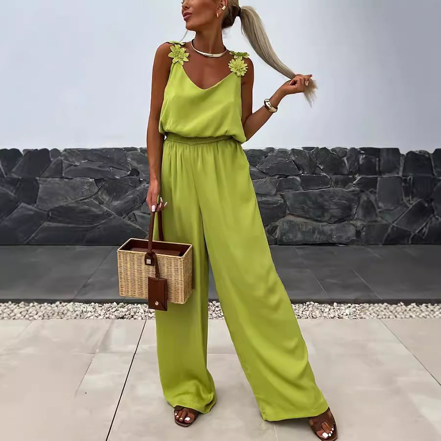 Spring Summer Suspender Sleeveless Pocket Jumpsuit Loose Wear Jumpsuit