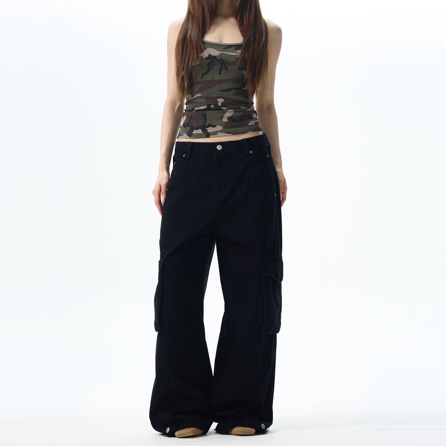 Wide Leg Cargo Pants in Beige & Black