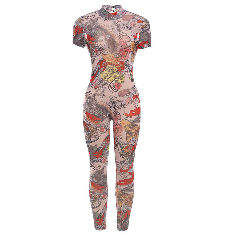 Summer Clothing Backless Printed Sheer Mesh Jumpsuit for