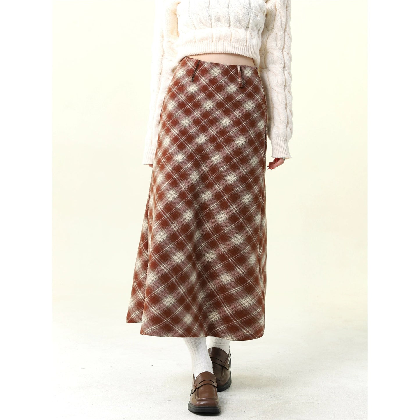 Red Plaid Wool Midi Skirt